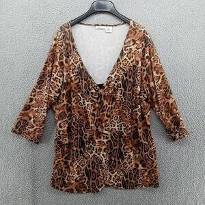 Mascara Shirt Womens 2X Cheetah Print Low Cut Tie Front Blouse Shirt Tunic